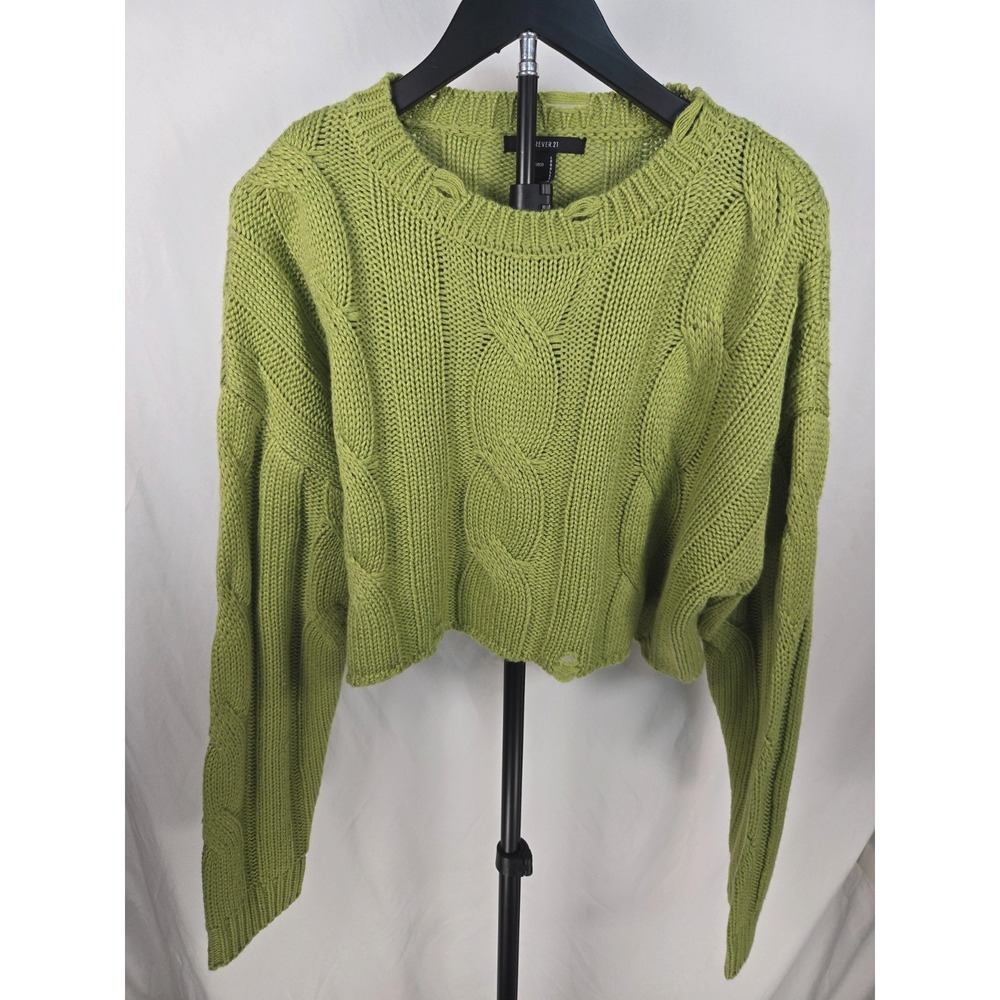 Avocado Green Cropped Cable Knit Sweater Sz L Boxy Oversized Y2K Grunge Chunky